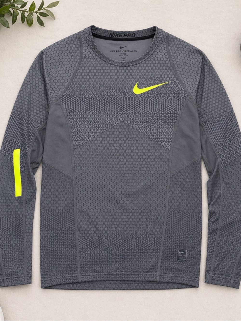 Nike Pro Hyperwarm Fitted Long Sleeve Compression Top Gray Neon Yellow Small